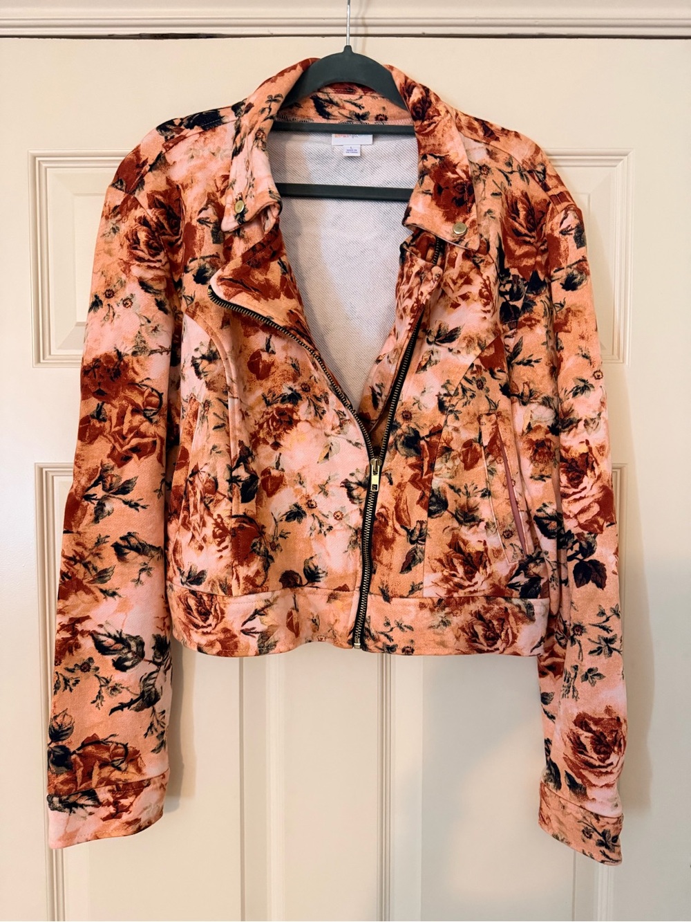 LuLaRoe Pink Floral Faux Leather Moto Jacket